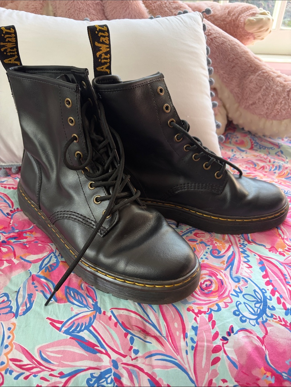 Dr. Martens Black Leather Lace-Up Ankle Boots with Yellow Stitching